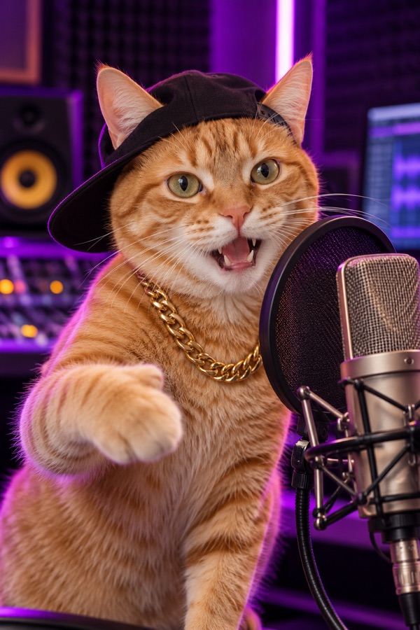 The same orange tabby in a cap and gold chain rapping into a studio microphone