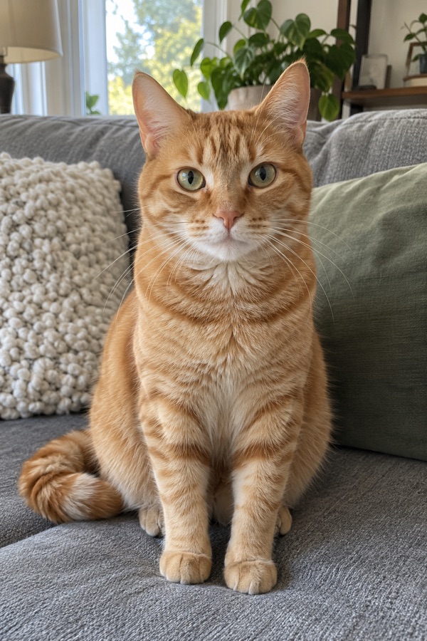 Orange tabby cat sitting on a grey sofa